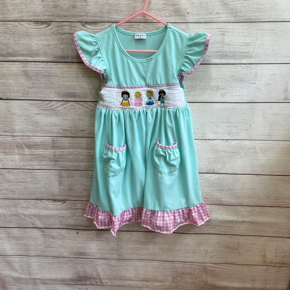 ABBY‎ & EVIE MINT GREEN DRESS WITH SMOCKED DISNEY PRINCESSES
